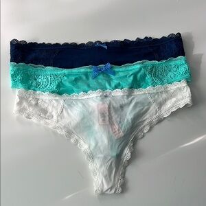 3x Victoria’s Secret Lace Trim thing Panties Set - Blue, Teal, White M